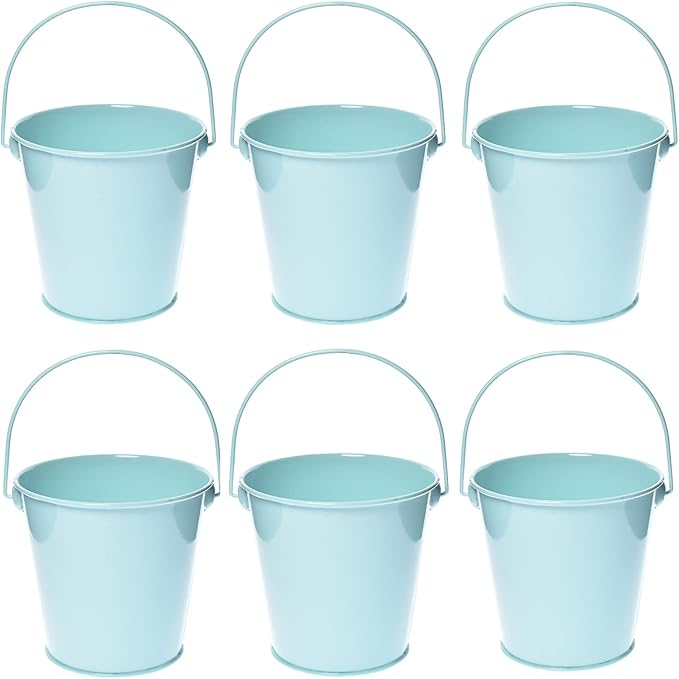 Small Metal Buckets with Handle, 6 Pack 4.3 Inch Colored Galvanized Bucket for Kids,Classroom,Crafts,and Party Favors (Green Blue, 4.3" Top)