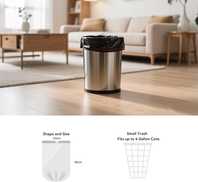 Small 4 Gallon Trash Bags for Bathroom & Bedroom, Drawstring Garbage Bags for Office Desk, Vanity, Pack of 83, 43x46cm, 4.05g/pcs, Unscented, Black