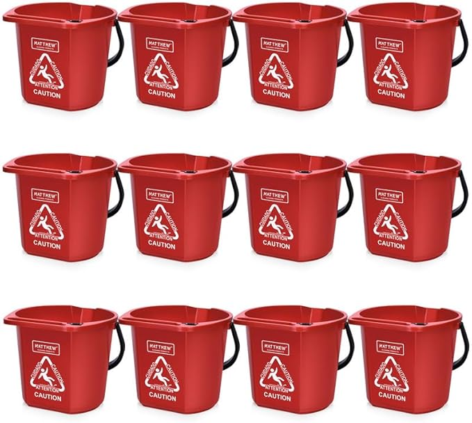Matthew Cleaning 4.2 Gallon Mop Bucket, Heavy Duty Plastic Cleaning Bucket with Built-in Pour Spout, Mop Holder and Comfort Grip Handle, House and Commercial Cleaning Supplies, Case Pack 12 Pcs Red
