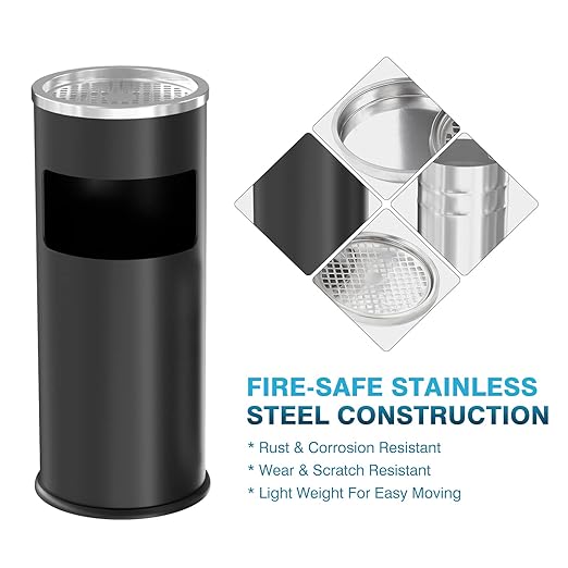 IRONWALLS Indoor Outdoor Trash Can with Lid, Black Stainless Steel Garbage Can, Removable Inner Bucket, Round Commercial Waste Bin Container Trash Receptacle for Office, Hotel