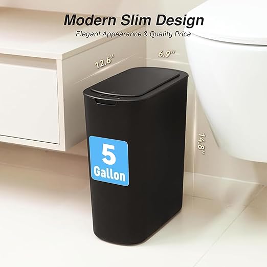 Automatic Bathroom Garbage Bin with Lid, 5 Gallon Touchless Trash Bin, Smart Electric Narrow Waterproof Trash Can for Toilet, Office, Kitchen, Bedroom, Living Room