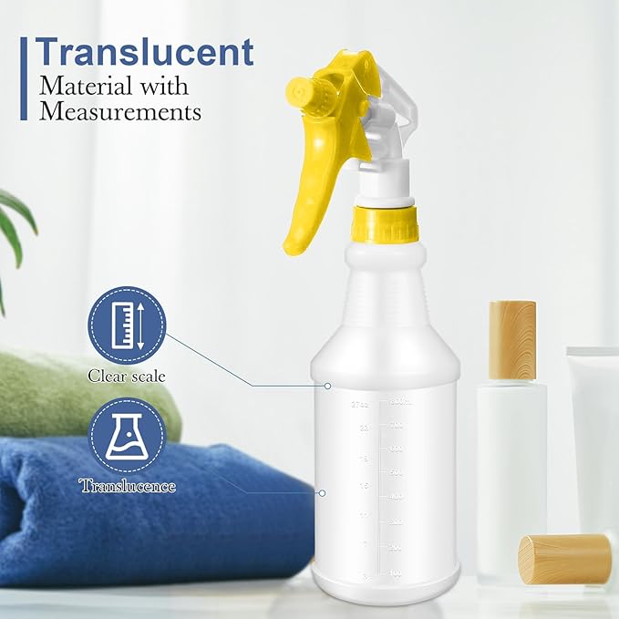 Zubebe 24 Pack 32 oz Plastic Spray Bottle Bulk Empty Leakproof Heavy Duty Spray Bottles for Cleaning Supplies Mist Bottles with Label and Adjustable Nozzle for Plant(Yellow,Clear Scale)