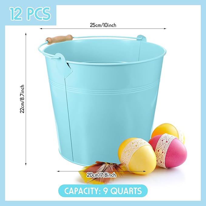 12 Pcs Large Galvanized Metal Buckets with Handle 10 Inch Heavy Duty Stainless Steel Pails Round Pail for Party Wedding, Crafts, Utensils, Table Centerpieces (Light Blue)