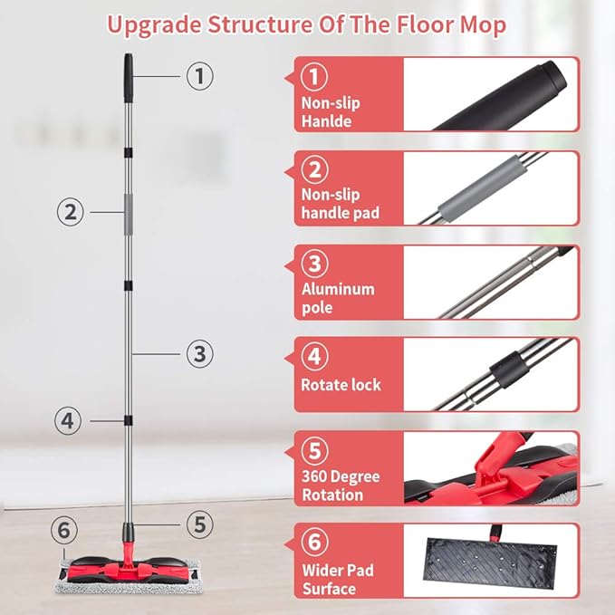 MEXERRIS Microfiber Mops for Hardwood Laminate Tile Floor Cleaning: Stainless Steel Handle - 4 Reusable Flat Mop Refills and 1 Dirt Removal Scrubber Included - Dry Dust Mop Commercial Home Use