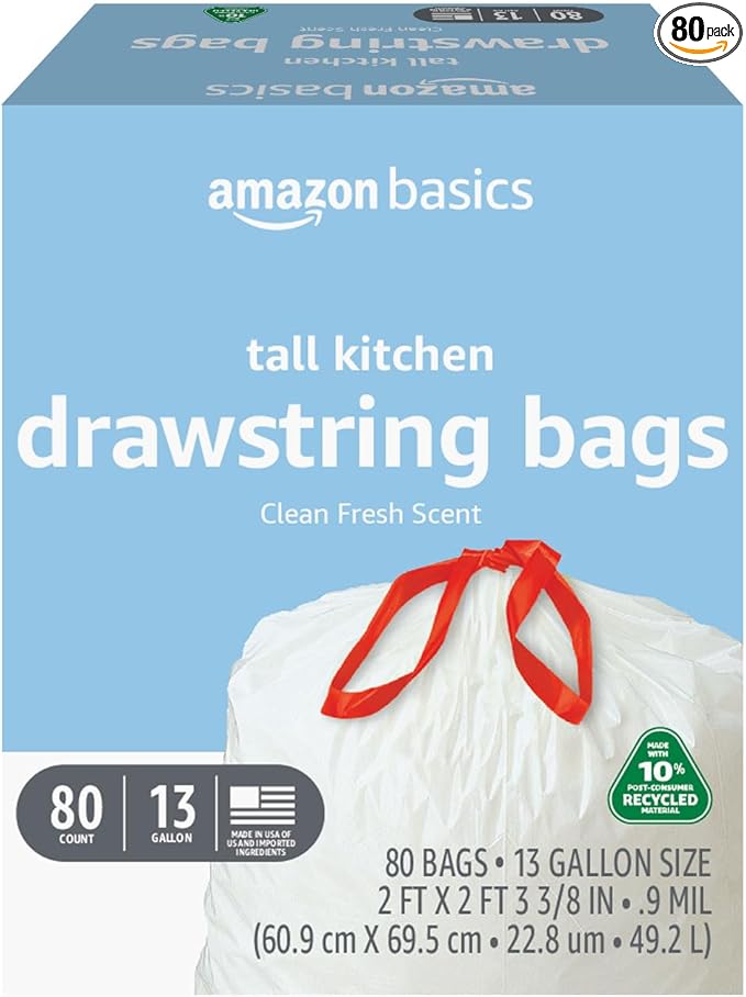 Amazon Basics 13 Gallon Tall Kitchen Drawstring Trash Bags, Clean Fresh Scent, 10% Post Consumer Recycled, 80 count