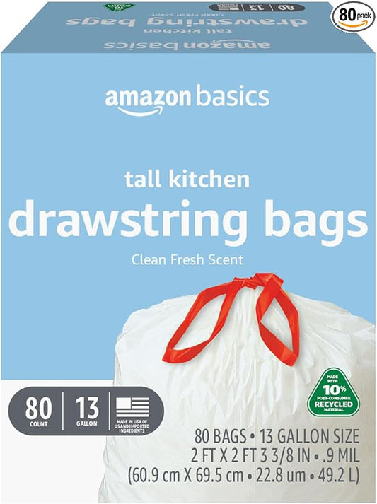 Amazon Basics 13 Gallon Tall Kitchen Drawstring Trash Bags, Clean Fresh Scent, 10% Post Consumer Recycled, 80 count