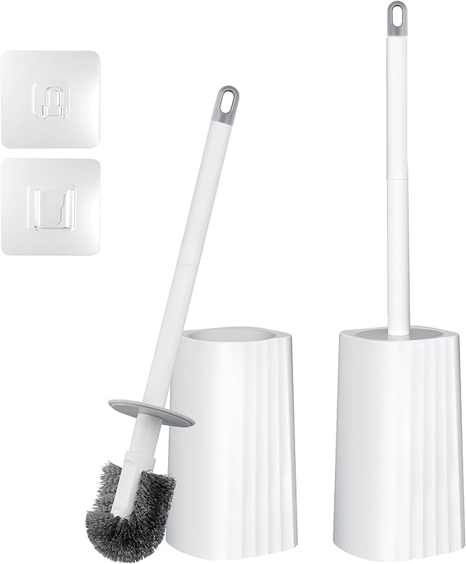 2 Pack Toilet Brush & Holder Set, Lightweight Plastic Handle, Space Saving for Storage, Deep Cleaning, Drip-Proof, Easy to Assemble, Nylon Bristles (2, White)