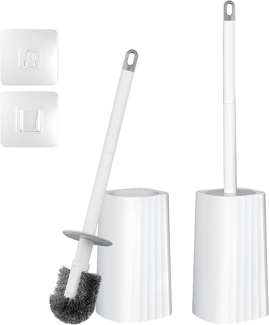 2 Pack Toilet Brush & Holder Set, Lightweight Plastic Handle, Space Saving for Storage, Deep Cleaning, Drip-Proof, Easy to Assemble, Nylon Bristles (2, White)