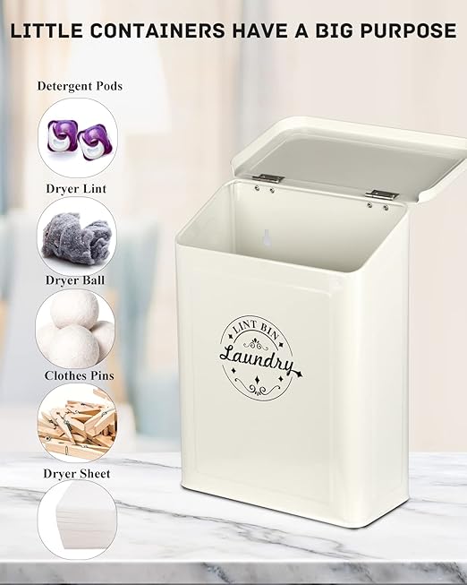 Magnetic Lint Bin for Laundry Room Organization and Storage with Brush, Wall-Mounted Laundry Dryer Lint Bin for Laundry Room Decor, Space-Saving Laundry Trash Can (Cream)