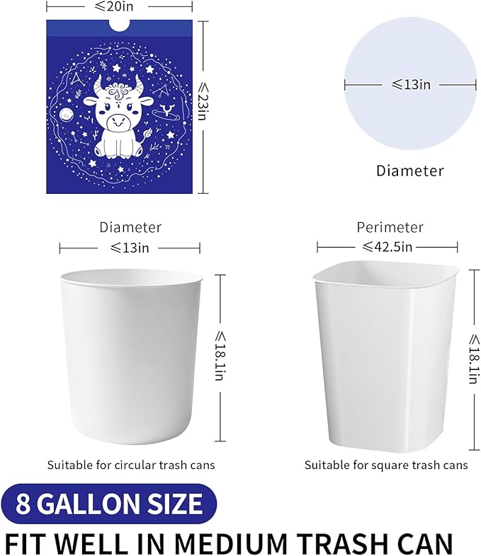 VOK 8 Gallon Trash Bags Drawstring, Medium Trash Bags for Office, Kitchen, Bedroom Trash Cans, Colored Portable Sturdy Garbage Bags 8 Gallon with Cute Cow Printed, 60 Counts