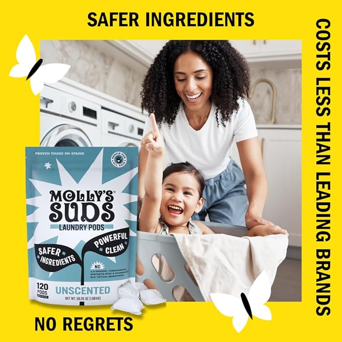 Molly's Suds Laundry Detergent Pods | Clean Detergent for Sensitive Skin | Ultra Concentrated and Stain Fighting | Unscented - 60 Count