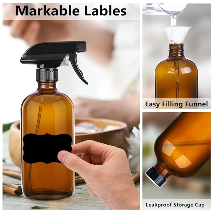 PrettyCare 3 pcs 8 Oz Amber Glass Spray Bottles, Refillable Empty Spray Bottles with Adjustable Nozzle & Lables for Cleaning, Leak-Proof Design for Essential Oils, Facial Hydration Hair Aromatherapy