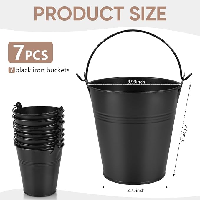 OBTANIM 7 Pack Black Metal Buckets with Handle Galvanized Ice Pails for Plants, Succulents, Party Favors Organizing, Rustic Home Decor or Classrooms Pencil Storage (4 x 2.8 inch)