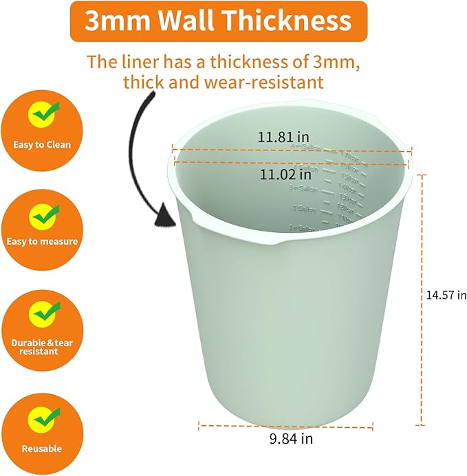 5 Gallon Silicone Bucket Liner - Reusable Measuring Mixing Liner for Concrete, Mortar, Grout, Paint - Food Grade Non-Stick with Measurement Marks - Easy to Clean & Durable (Light Green)