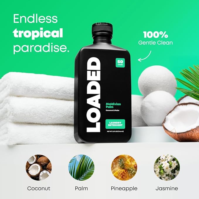 Loaded Laundry Detergent, Cologne Scented | 50 Loads | Coconut & Palm | Non-Toxic & Skin-Friendly | Made in USA | 32 oz