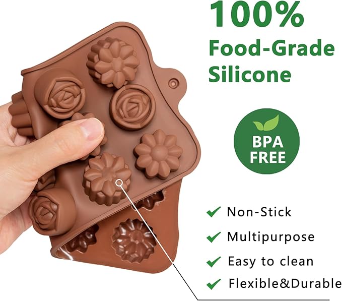 6 Pack Flower Shape Chocolate Candy Molds Silicone, Food-Grade Non-Stick Jello Mold, Crayon Mold, Silicone Baking Mold, BPA Free, including Flower, Heart, Tulip, Rose