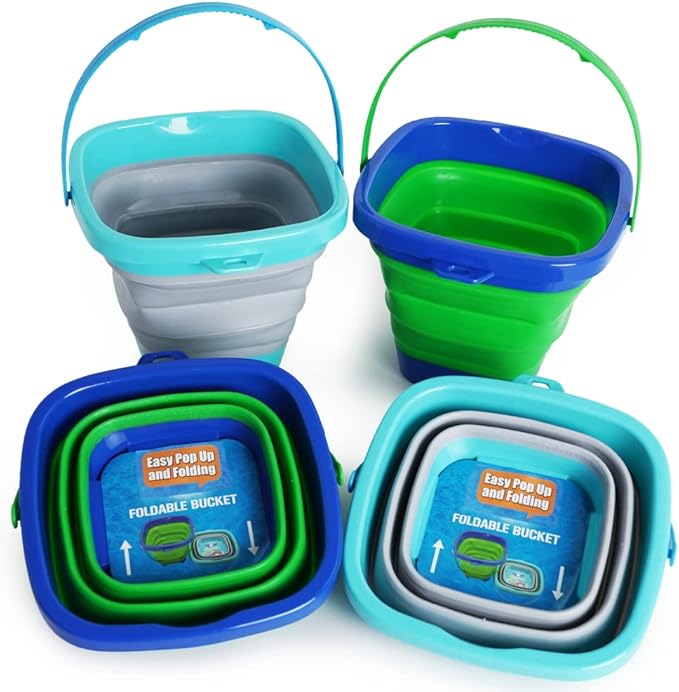 Boley 4-Pack Silicone Foldable Buckets - Multi-Purpose Collapsible Buckets with Handles for Kids, Eco-Friendly Space Saving Beach Playset, Ice & Toy Storage Bin, Child-Safe Outdoor Activity Buckets