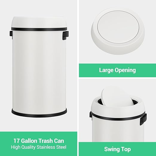 Garvee 17 Gallon/65 Liter Trash Can, Fingerprint-Proof Stainless Steel Swing Top Garbage Can, Heavy Duty Commercial Round Trash Bin with Swing Lid for Restaurant, Home, Office,White