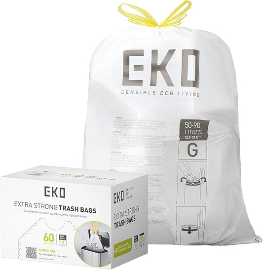 EKO 21 Gallon / 50-90 Liter, 60 Count Drawstring Trash Bags, Extra-Strong Unscented Garbage Bags, Easy-Dispense Roll for Kitchen & Household Use, Code G, White