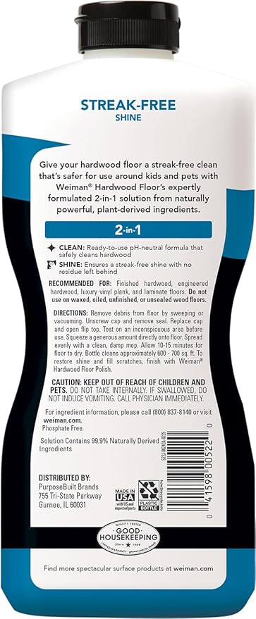 Weiman Hardwood Cleaner for Finished Hardwood Floors, Engineered Floors, Laminate - Streak-Free Results, EPA Safer Choice Certified, 32 oz