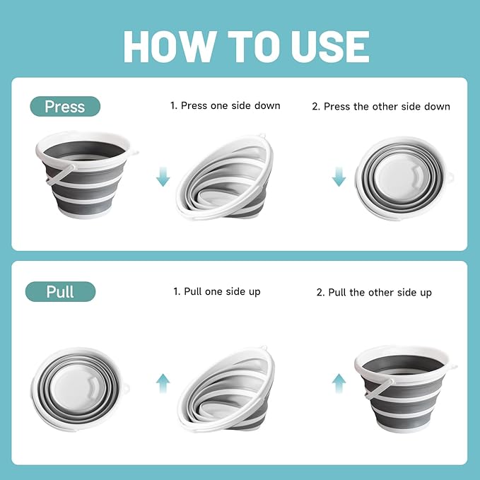 Collapsible Water Bucket (10L / 2.6 Gal) – Portable, Easy to Carry & Store, Ideal for Car Wash, Cleaning, Camping, Fishing, Outdoor Activities with Collapsible Handle Design, 2 Pack