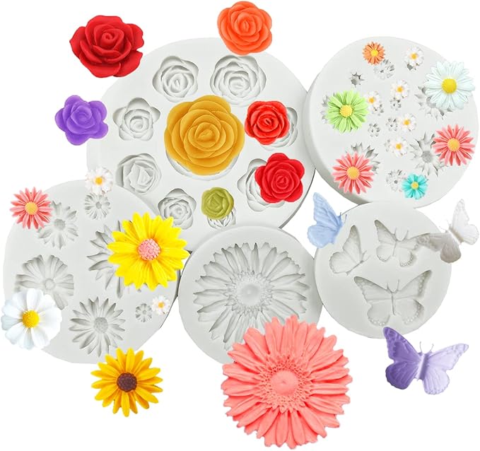 Flower Silicone Fondant Molds, 5pcs Butterfly Daisy Rose Chrysanthemum Flower Silicone Mould Candy Chocolate Molds for DIY Cake Cookie Pudding Gum Paste Cupcake Cake Topper Decoration Desserts Sugar