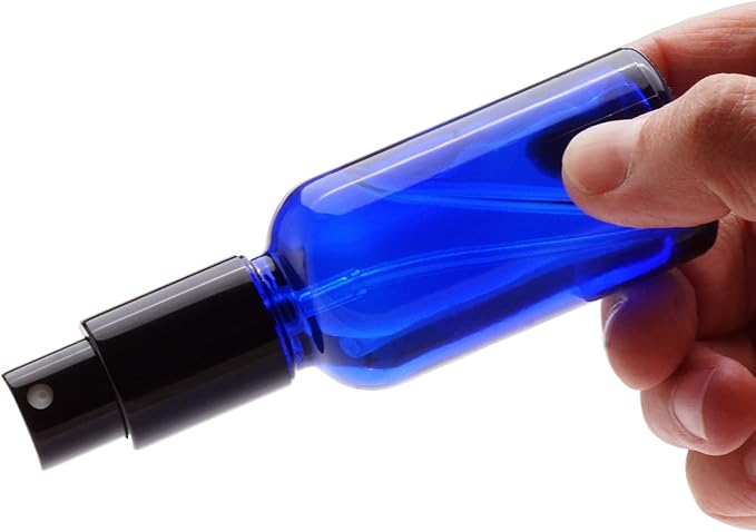 YIZHAO Blue Glass Spray Bottles 4oz, with Small Fine Mist Spray, Metal Cap, Refillable for Essential Oil,Travel,Cleaning,Perfume,Aromatherapy,Makeup – 4 Pcs