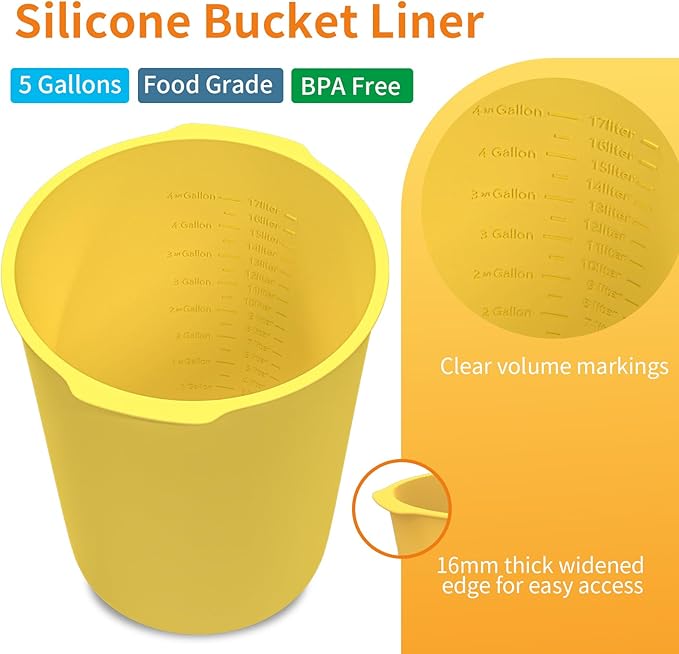 5 Gallon Silicone Bucket Liner - Reusable Measuring Mixing Liner for Concrete, Mortar, Grout, Paint - Food Grade Non-Stick with Measurement Marks - Easy to Clean & Durable (Yellow)