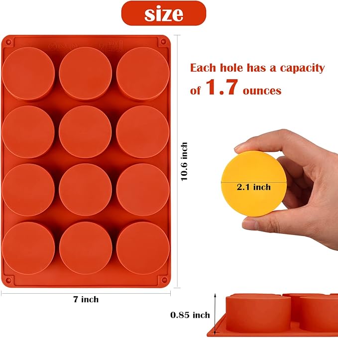 Sakolla 2 Pack Round Silicone Soap Molds, 12 Cavity 2.1" Cylinder Silicone Molds for Soap Making, DIY Bath Bombs, Shower Steamer, Lotion Bars, Loofah Soap (Brick-Red)