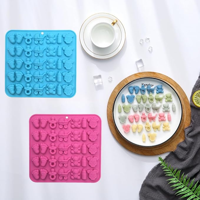 2 Pack Baby Shower Chocolate Molds - Baby Feet, Baby Onesie Baby Bottle Pacifier Baby Carriage Bear Mold, Baby Silicone Mold for Candy Gummy Cake Cupcake Decoration Chocolate