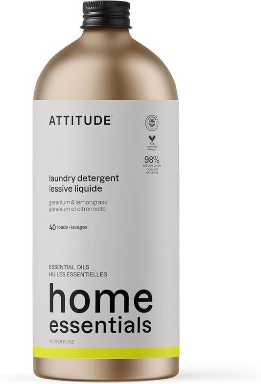 ATTITUDE Laundry Detergent with Essential Oils, EWG Verified, Vegan, Plant and Mineral-Based Ingredients, HE, Refillable Aluminum Bottle, 40 Loads, Geranium and Lemongrass, 33.8 Fl Oz
