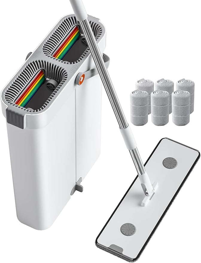 JOYBOS Mop and Bucket Set for Home Floor Cleaning, Hands Free Flat Mop, Stainless-Steel Handle, 6 Washable & Reusable Microfiber Pads