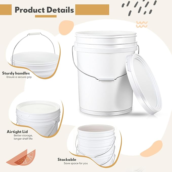 4 Pack 5 Gallon Plastic Bucket with Airtight Lid for Food Storage Heavy Duty Reusable White Bucket Pail Container with Metal Handles and Plastic Grip, with 2 Pcs Red Lid Opener