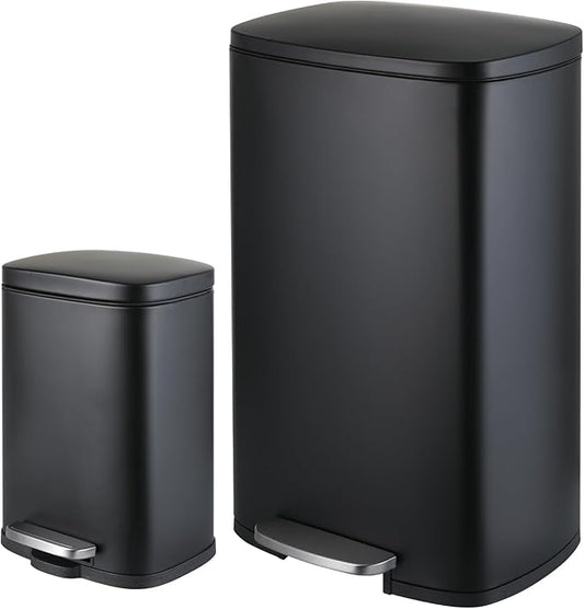13.2+1.3 Gallon Trash Can Combo Set, Stainless Steel Garbage Bin with Pedal, Removable Inner Waste Bucket, Anti-Fingerprint, Soft-Close Locking Lid Dustbin for Kitchen, Bathroom, Office