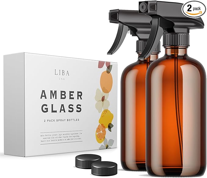 LiBa Amber Glass Spray Bottles 2 Pack, 16 oz Refillable Empty Spray Bottle for Cleaning, Essential Oils, Hair, Plants, Adjustable Nozzle for Squirt and Mist, Bleach/Vinegar/Rubbing Alcohol Safe