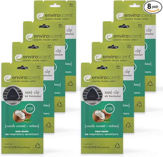 Enviroscent Non-Toxic Car Vent Clip | Single Use Car Air Freshener | Car Scent Lasting Over 30 Days Each, 8 Count (Seaside Coconut & Verbena)