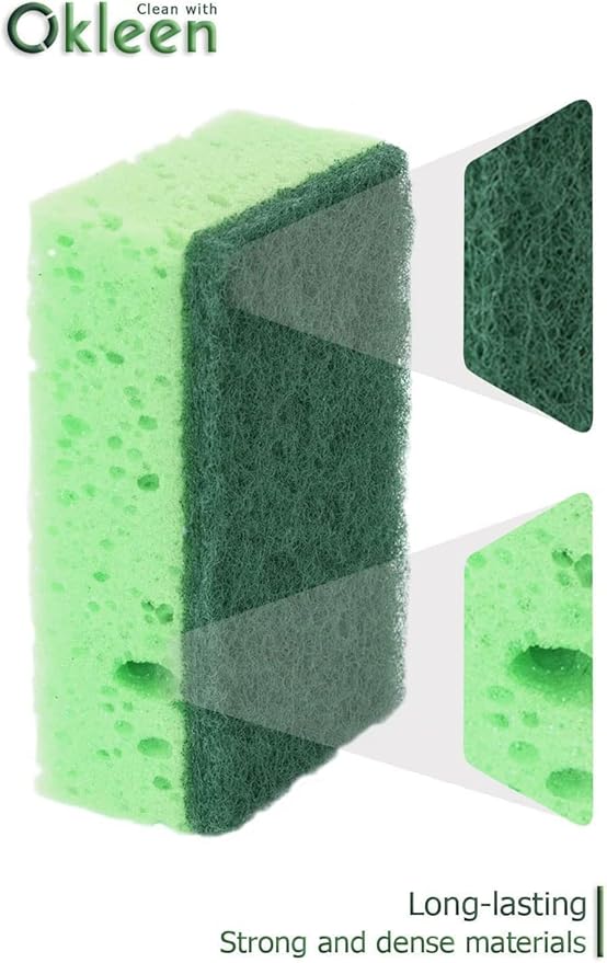 Green Multi Use Scrub Sponge. Made in Europe. 9 Pack, 4.3x2.8x1.4 inches. Odorless Heavy Duty and Non Scratch Fiber. Best, Durable, Delicate, Porous, Non Cellulose Kitchen Sponges and Scrubbers
