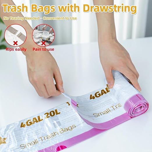 OKKEAI 4 Gallon Small Tear-Free Drawstring Trash Bags, White Bathroom Garbage Bags 60 Count – Heavy Duty Leak-Proof Wastebasket Liners with Safety Warning for Bathroom, Kitchen, Bedroom, Office