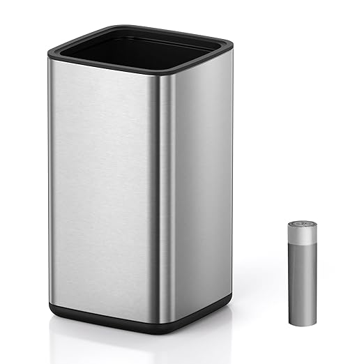 Mbillion 2.4 Gal (9L) Stainless Steel Open - Top Trash Can with Removable Inner Bucket - Sleek Metal Small Waste Basket for Bathroom Office, Brushed Steel