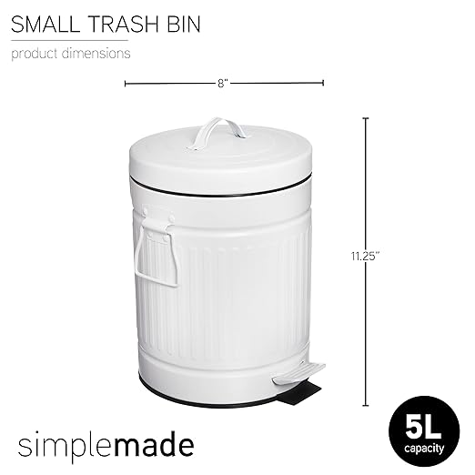 SIMPLEMADE Round Step Trash Can - 5 Liter / 1.3 Gallon - Stainless Steel Bathroom Wastebasket, Small Metal Can with Lid, White