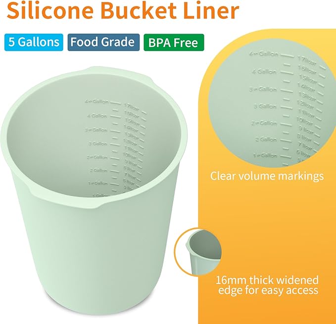 5 Gallon Silicone Bucket Liner - Reusable Measuring Mixing Liner for Concrete, Mortar, Grout, Paint - Food Grade Non-Stick with Measurement Marks - Easy to Clean & Durable (Light Green)