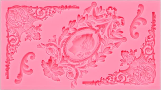 Vintage Baroque Frame Silicone Mold, Victorian Ornate Corner Decorative Mold for Cake Decorating, Pink