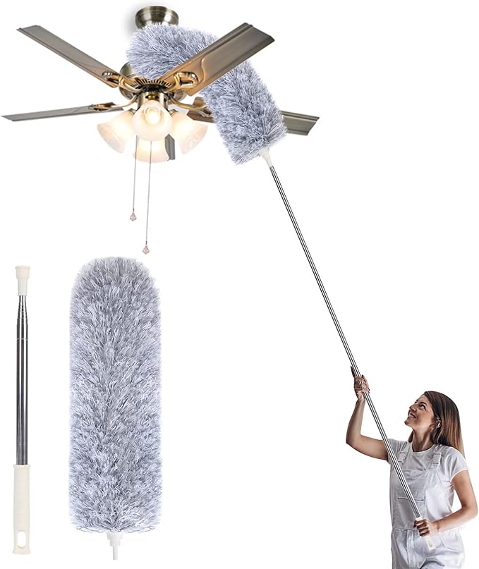 Microfiber Duster with Extension Pole,Washable Bendable Head Ceiling Fan Duster,15-100 inch Wet or Dry Dust Collect Telescoping Dusters for Cleaning Ceiling Fan,High Ceiling,Furniture