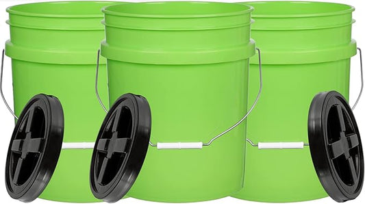 House Naturals 5 Gallon Food Grade Made in USA Lime Green Plastic Bucket with Screw On Air Tight Double Gasket Lid (3 Pack)
