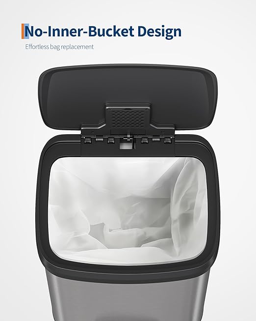 Garvee 13 Gallon / 50 L Stainless Steel Trash Can with Lid, Large Garbage Can for Kitchen, Rustproof Step-on Kitchen Metal Trash Bin with Liner Rim, Rear Handle, Soft Close Plastic Lid, Silver