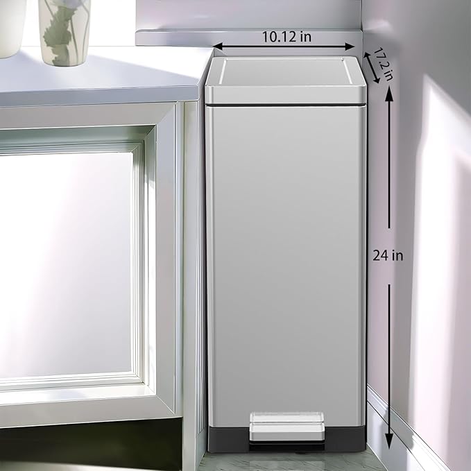 Trash Can with Lid - 45 Liter/12 Gallon Slim Stainless Steel Trash Can Odor Protection Kitchen Garbage Cans with Soft-Close Foot Pedal Anti-Fingerprint for Bathroom Home Office Rectangle