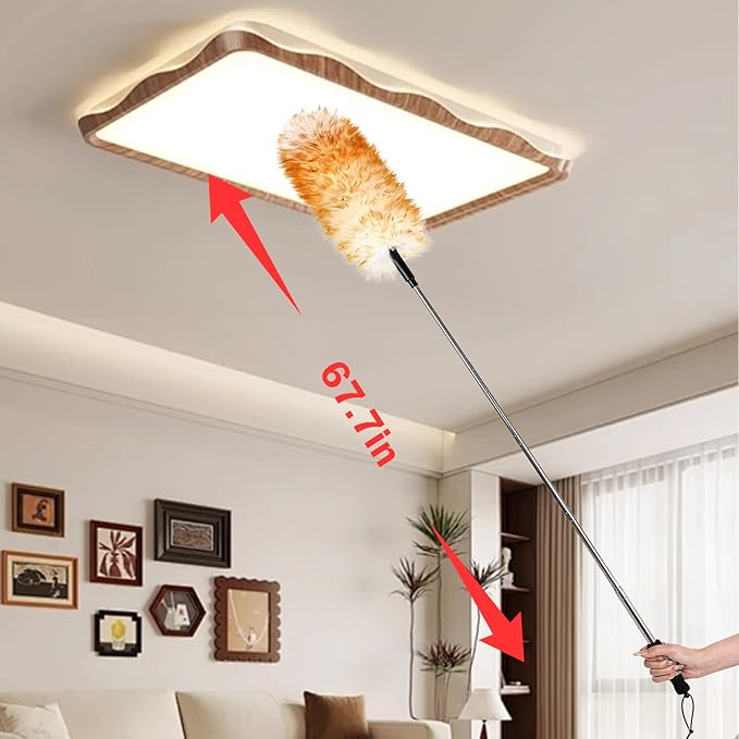 Lambswool Extendable Duster,67.7Inch Telescoping Feather Dusters with Stainless Steel Extension Pole for Cleaning High Ceiling Fan, High Ceilings,Furniture