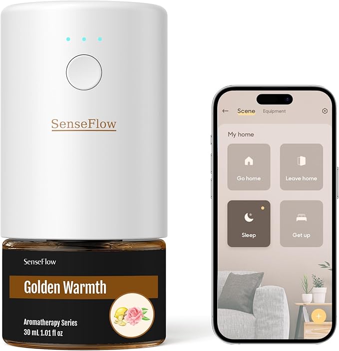 SF101S Smart Wi-Fi Waterless Ultrasonic Essential Oil Diffuser–100% Plant-Based,120-Day Natural Air Freshener & Aromatherapy Scent Diffuser Covers 100㎡ for Home,Hotel-Golden Warmth