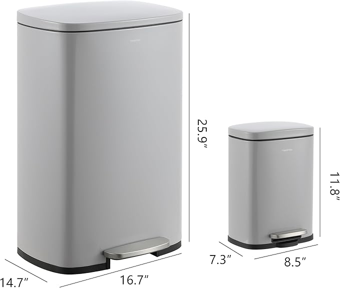 happimess HPM1006I Connor Rectangular 13-Gallon Trash Can with Soft-Close Lid and Free Mini Trash Can, Fingerprint Resistant, Modern, Minimalistic for Home, Kitchen, Office, Bathroom, Fog Gray