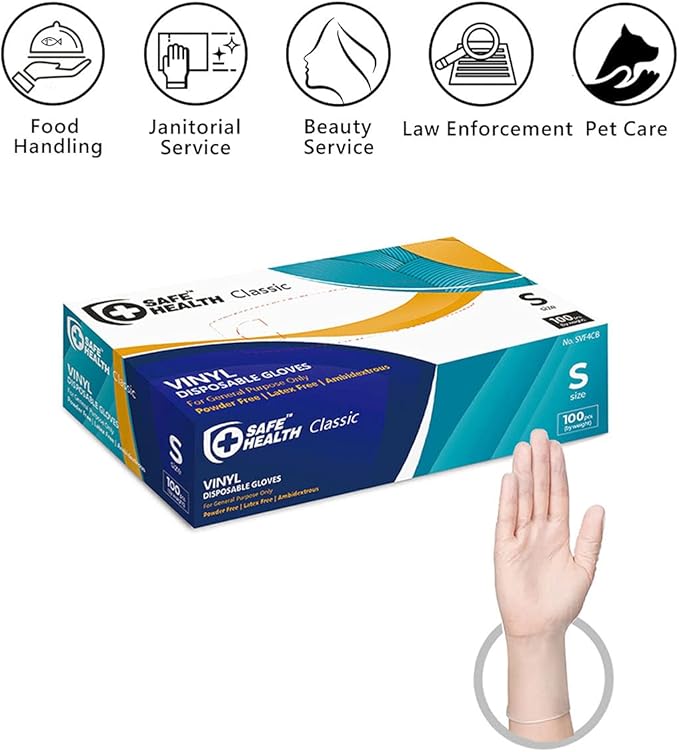 Safe Health Vinyl Disposable Gloves, Food Grade, Latex Free, Powder Free, Clear, 3 Mil, Housework, Cleaning